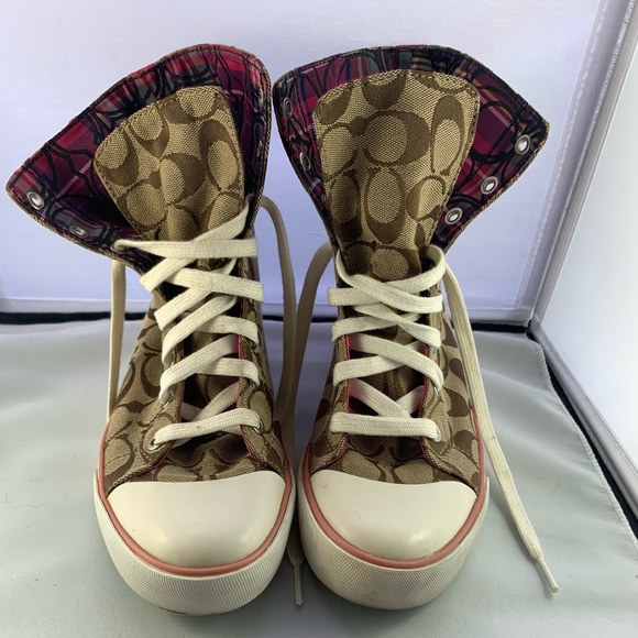 COPY - COACH Women's Brown Monogram Logo "Bonney" High-Top Sneakers - Picture 1 of 8